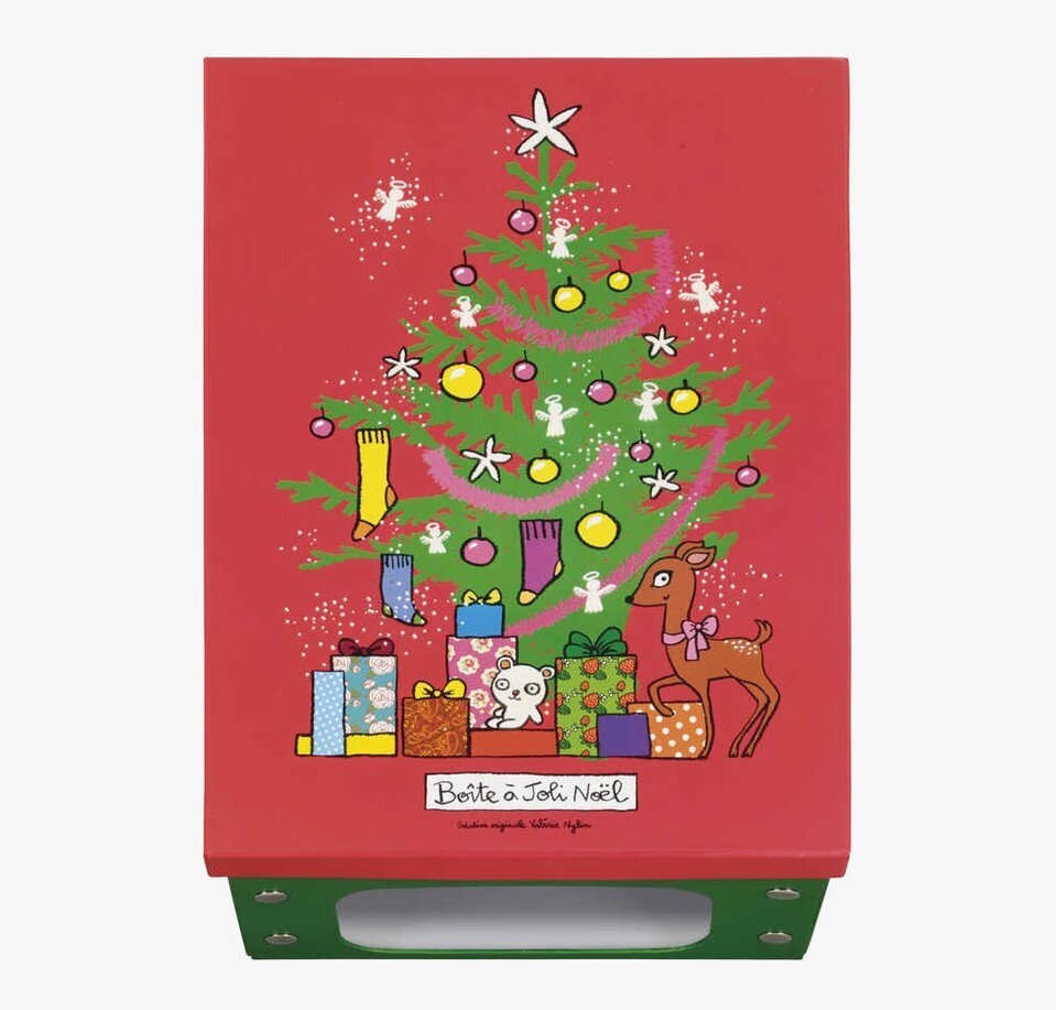 Bild av festlig låda för julpynt med livfull design