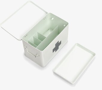 Bild av stor vit medicinplåtburk med fack och handtag