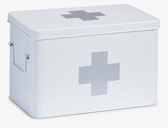 Bild av vit plåtburk för medicinförvaring med handtag