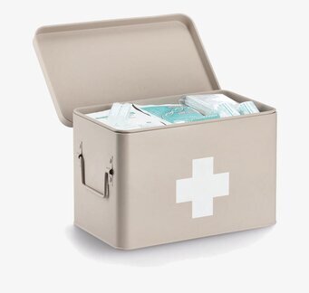 Bild på stilren beige plåtburk för medicinsk förvaring