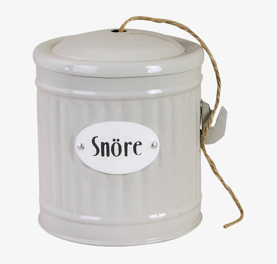 Bild av stilren och praktisk beige plåtburk för snöre