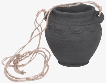 Foto av svart ampel i lergods med dekorativa mönster