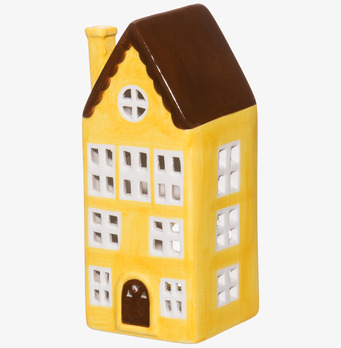 Bild av dekorativ ljuslykta i form av ett gult hus