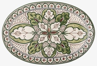 Bild av ovalt serveringsfat med grön och brun design