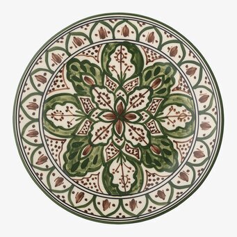 Bild av grön assiett med botaniskt mönster och detaljer