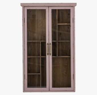 Bild av rosa väggskåp med glasdörrar och guldhandtag