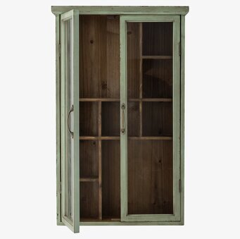 Bild av ett grönt väggskåp med glasdörrar och träinsida