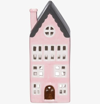 Bild av charmig ljuslykta formad som ett rosa hus