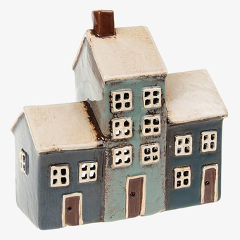 Bild av vacker ljuslykta med husdesign och marinblå toner