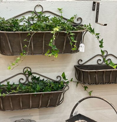 Bild av tre metallblomlådor med frodiga gröna växter