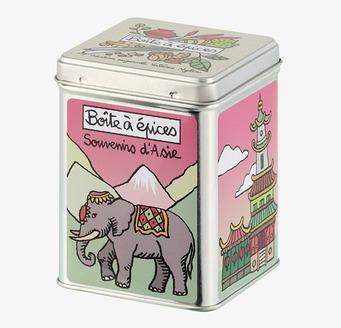 Bild av plåtburk med asiatiska motiv och elefantdesign