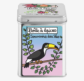 Bild av dekorativ plåtburk med tropiskt fågelmotiv