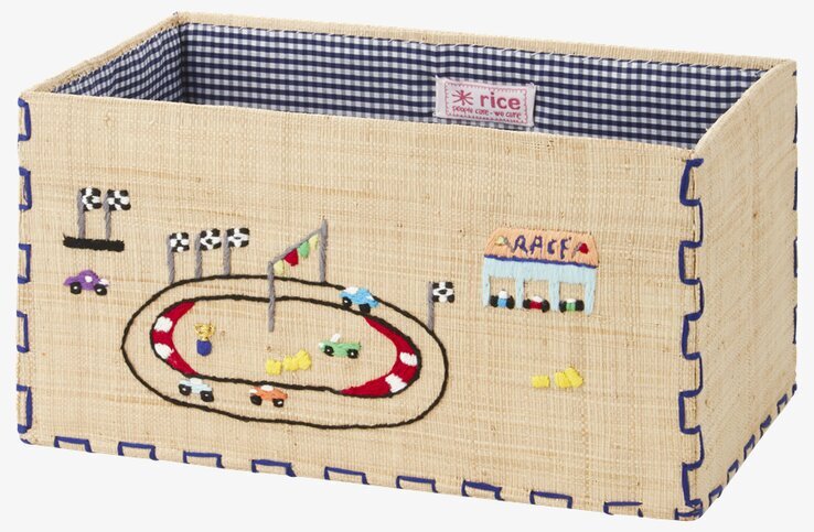 Bild av rektangulär förvaringskorg med bilbana motiv