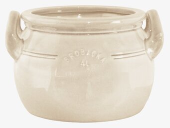 Bild av låg krämvit keramikkruka med handtag och ingraverad text