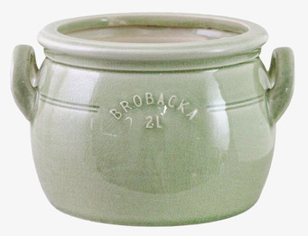 Bild av låg ljusgrön kruka i stengods med krackelerad yta