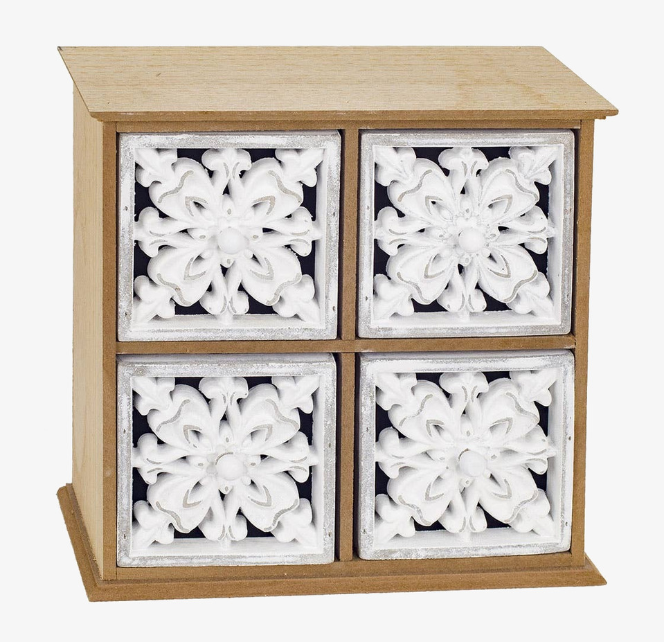 Bild på träskåp med vita ornament och fyra lådor för hemmet
