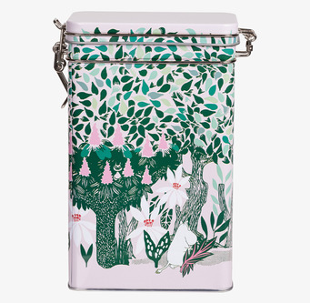 Bild av rektangulär plåtburk med vårmotiv och mumintroll