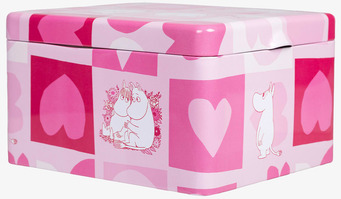 Bild av rosa plåtburk med Muminmotiv och hjärtan, fackindelad