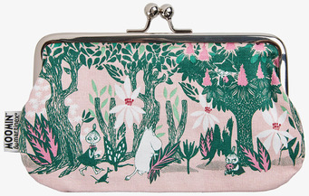 Bild på liten börs med Muminmotiv i rosa och gröna nyanser