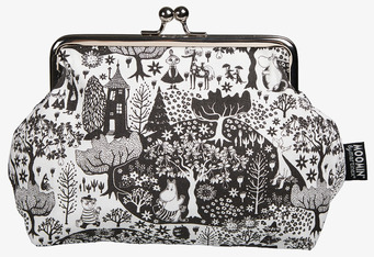 Bild på svartvit väska med Muminmotiv och klassisk design