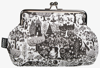 Bild på svartvit börs med muminmotiv och lekfull parkdesign