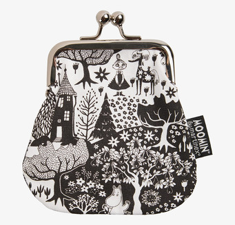 Bild på svartvit börs med Muminmotiv och klassisk knäppning