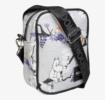 Bild på axelväska med Muminmotiv, blommor och grenar