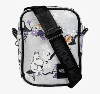 Bild på axelväska med Muminmotiv och naturtema i grått