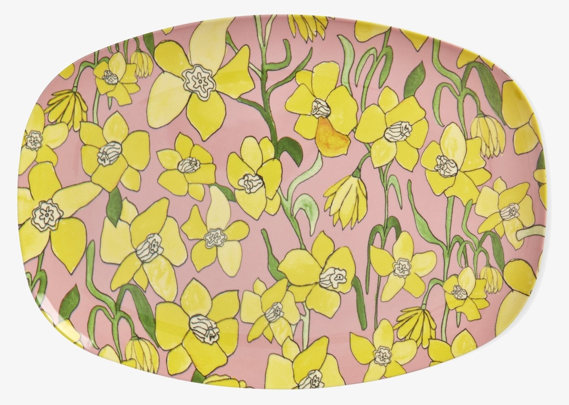 Bild på rektangulär tallrik med färgglatt botaniskt motiv