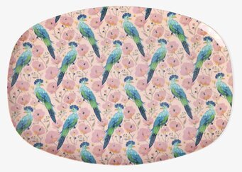 Bild av rektangulär tallrik med exotiska fåglar och blommor