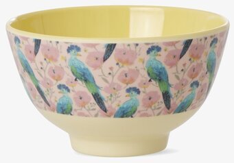 Bild på liten skål med exotiska fåglar och blommigt mönster