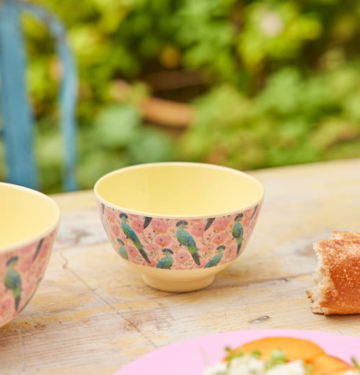 Bild av färgstark skål i trädgårdsmiljö med sallad och bröd