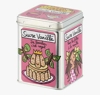 Bild färgglad plåtburk för vaniljsocker med lekfull design