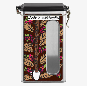 Bild på färgstark plåtburk för kaffe med dekor och fönster