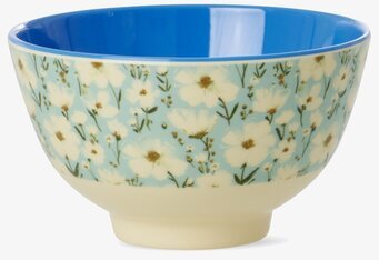 Bild av skål med blommigt mönster och blå insida, servering