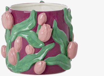 Bild på dekorativ blomkruka med tulpanmotiv och lila bas