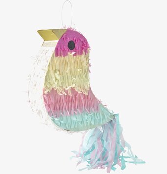 Bild av stor piñata fågel i pastellfärger med silkespapper