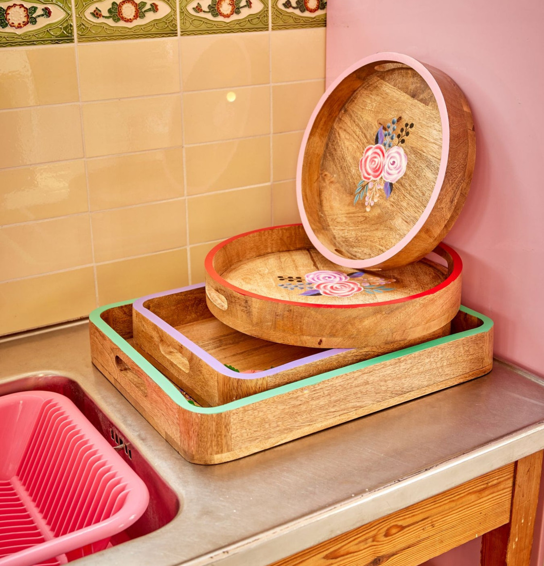 Träbricka Handmålade Blommor Rund Rice Förvaringslådor och korgar Boxar Förvaringsboxar Porslinsboxar Trälådor Smyckesboxar i porslin Förvaringsbrickor