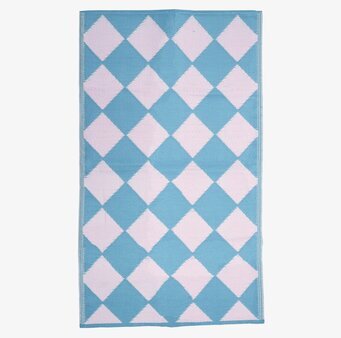 Bild på rektangulär matta med blått och rosa harlekinmönster