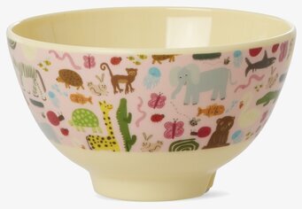 Bild på liten skål med färgglatt djurmönster och rosa utsida