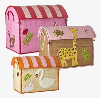 Bild på färgglada förvaringshus med djurmotiv i pastellfärger
