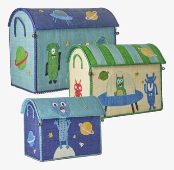 Bild på färgglada förvaringshus med monster och rymdtema