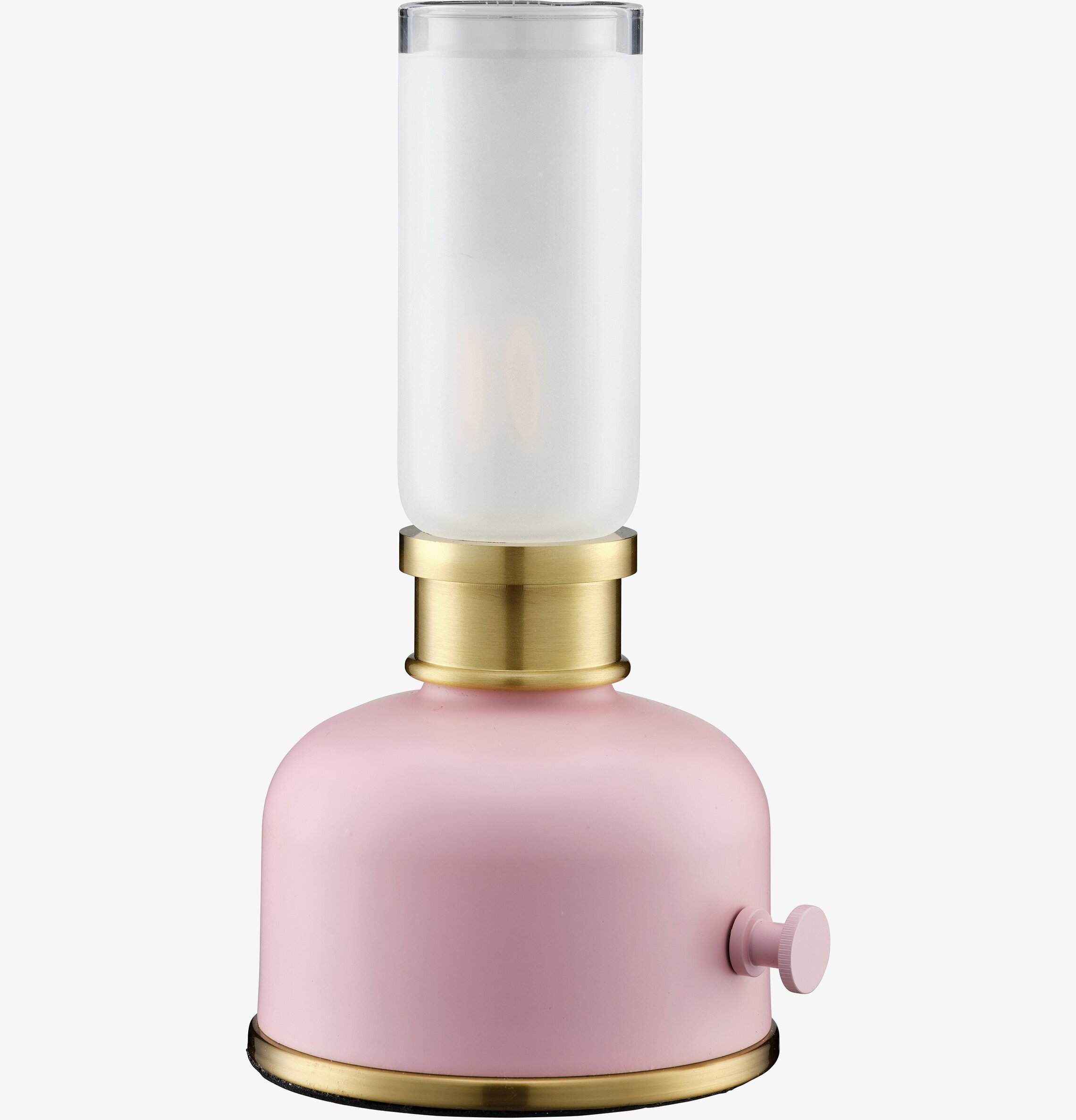 Bild på bordslampa med rosa fot, mässing och frostat glas