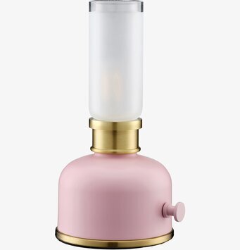 Bild på bordslampa med rosa fot, mässing och frostat glas