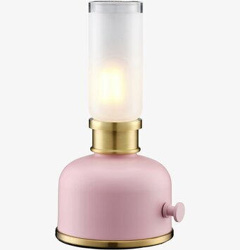 Bild av rosa bordslampa med mässingsdetaljer och glas skärm