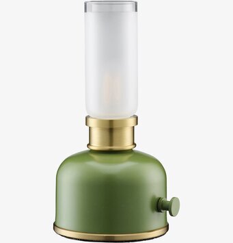 Bild på bordslampa med matt grön bas, mässing och frostat glas