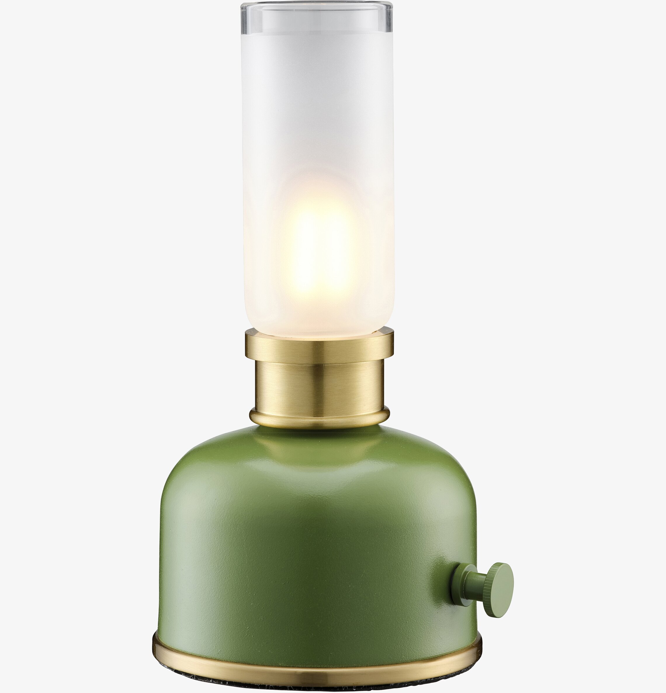 Bild av bordslampa med grön fot, mässing och frostat glas