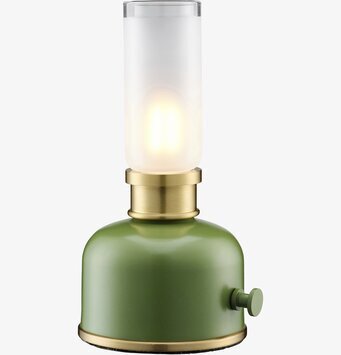 Bild av bordslampa med grön fot, mässing och frostat glas