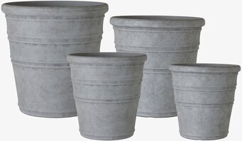 Bild på fyra ljusgrå cylindriska krukor i olika storlekar