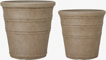 Bild på två antikbruna blomkrukor med patina och struktur